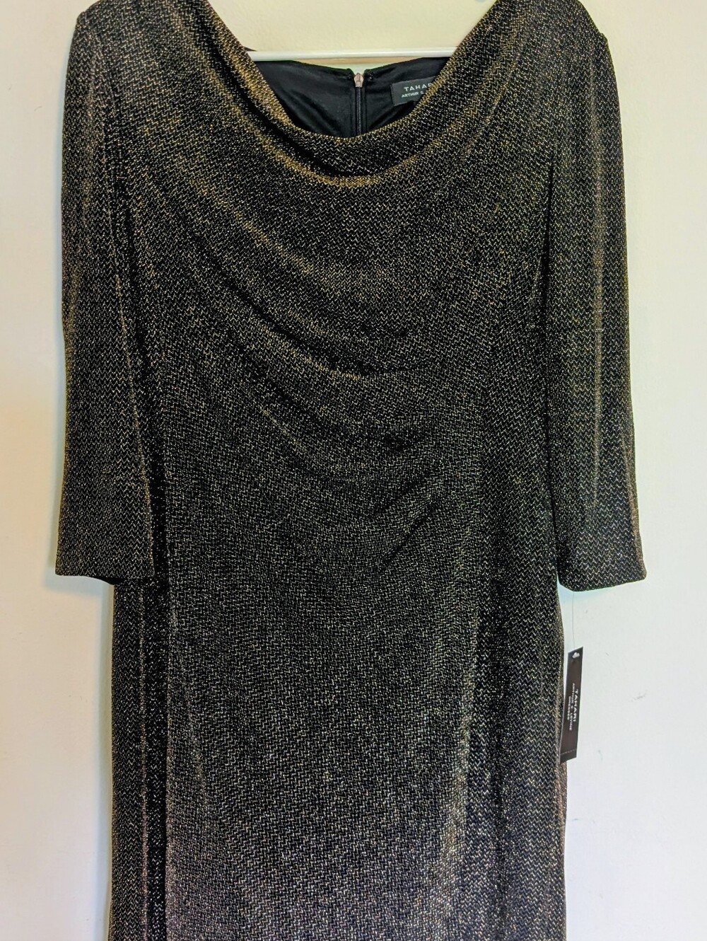 Tahari ASL Black Metallic Cowl Neck Midi Dress
